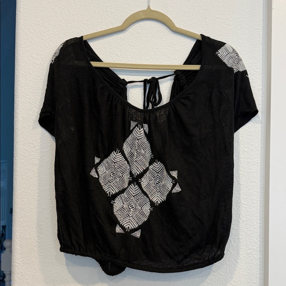 Free People Black Blouse with White Pattern